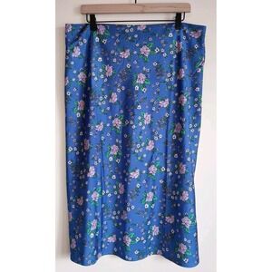 J.Crew Blue Floral Satin Midi Skirt Elastic Waist Boho Workwear Capsule Cute XL